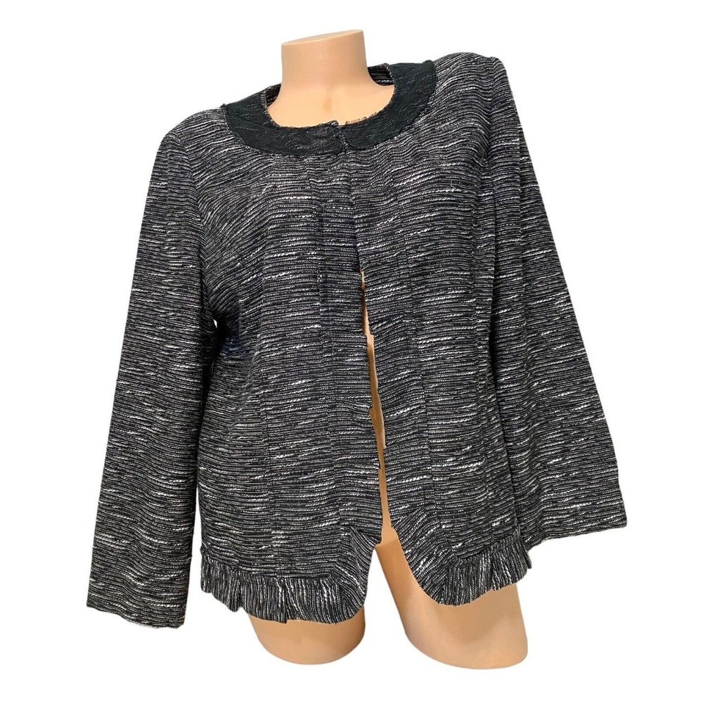 Chico's Women's Sz 2 Jacket Open Front Long Sleeve Blazer Ruffle Trim Wool Blend